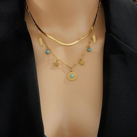 Fine Jewelry 2 Layer Leaves Star Cracked Stone Charm Chain Choker Necklaces - Picture 5 of 7